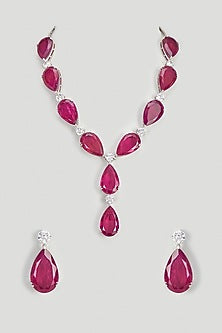 White Finish Purple Stone & Zircon Long Necklace Set
