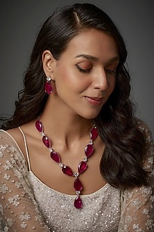 White Finish Purple Stone & Zircon Long Necklace Set