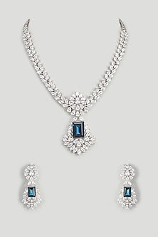 White Finish Blue Stone & Zircon Long Necklace Set