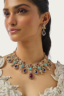 Gold Finish Ruby & Kundan Polki Necklace Set