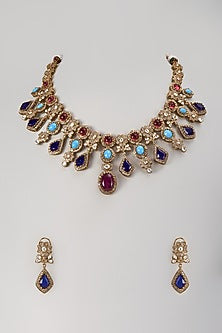 Gold Finish Ruby & Kundan Polki Necklace Set
