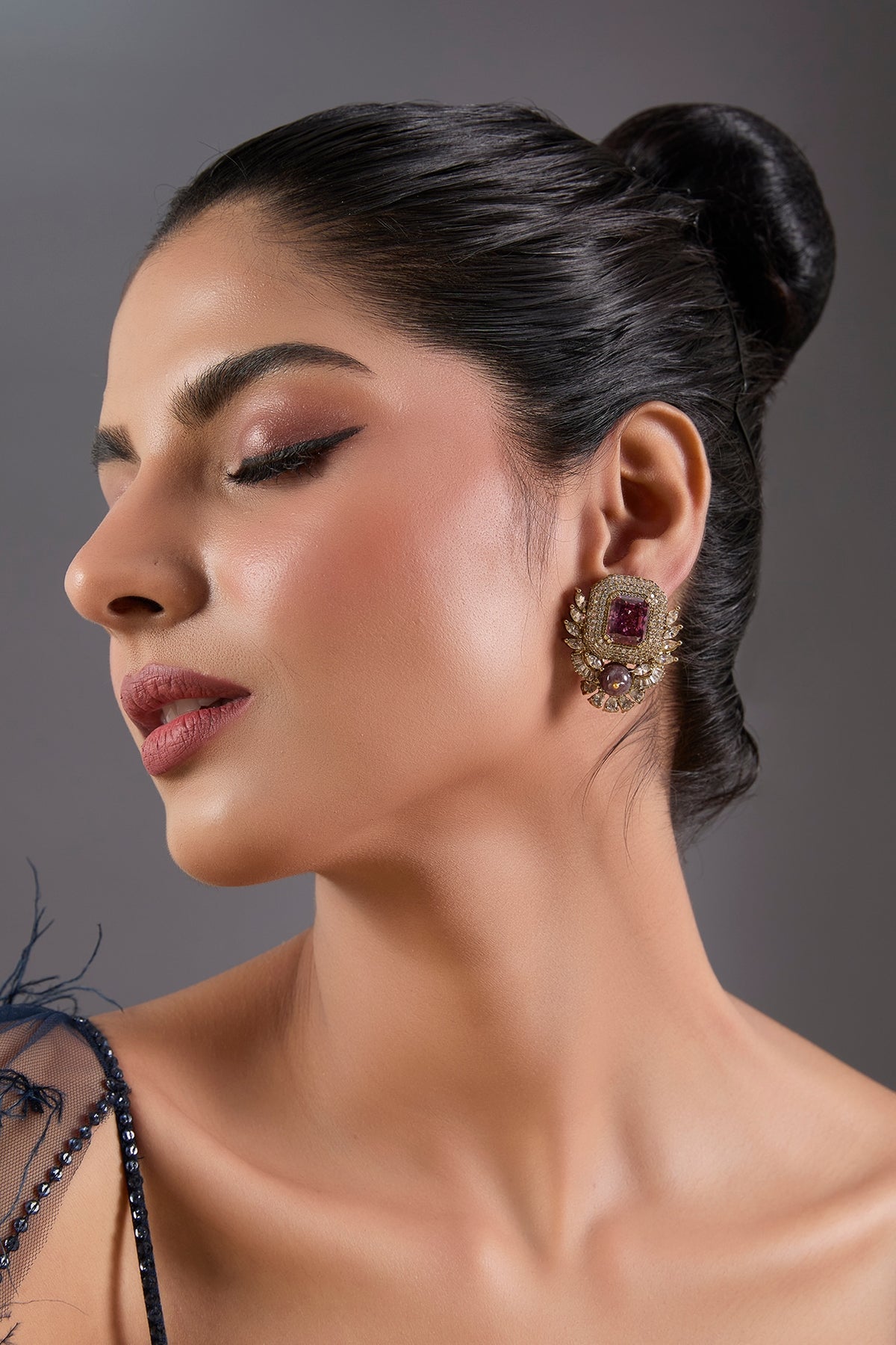 Gold Finish Zircon & Amethyst Stone Stud Earrings