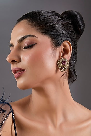 Gold Finish Zircon & Amethyst Stone Stud Earrings