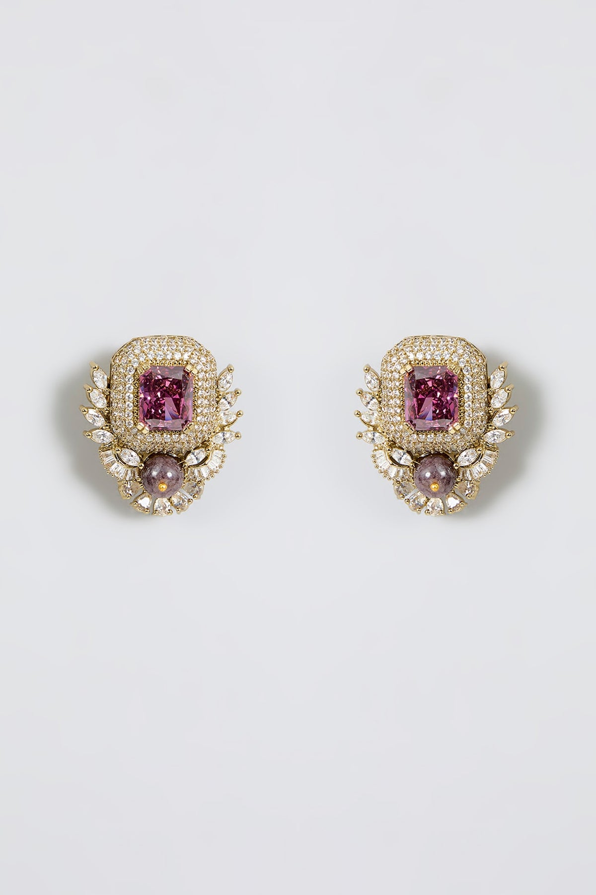 Gold Finish Zircon & Amethyst Stone Stud Earrings
