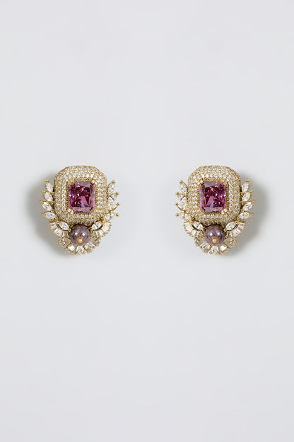 Gold Finish Zircon & Amethyst Stone Stud Earrings