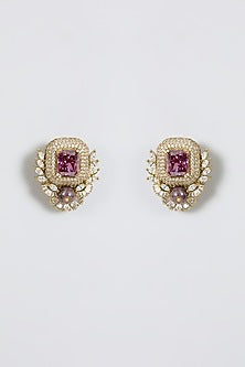 Gold Finish Zircon & Amethyst Stone Stud Earrings