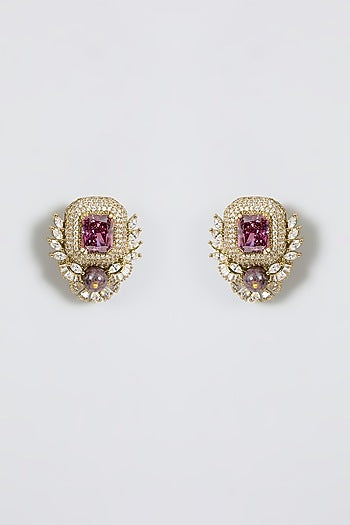 Gold Finish Zircon & Amethyst Stone Stud Earrings