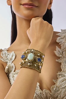 Gold Finish Opal Blue Sapphire Adjustable Bracelet