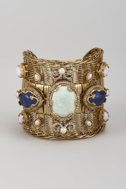 Gold Finish Opal Blue Sapphire Adjustable Bracelet