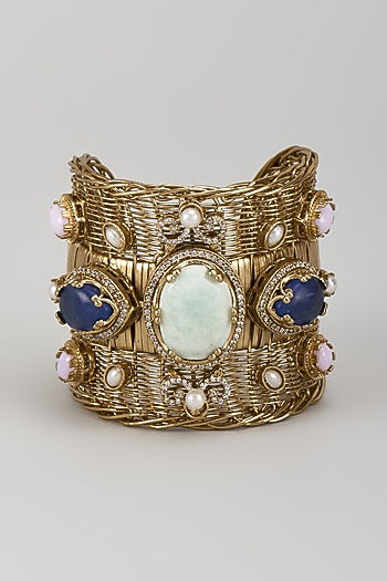 Gold Finish Opal Blue Sapphire Adjustable Bracelet