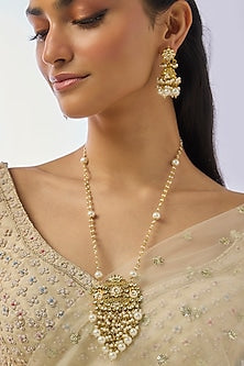 Gold Finish Pearl & Kundan Polki Long Necklace Set