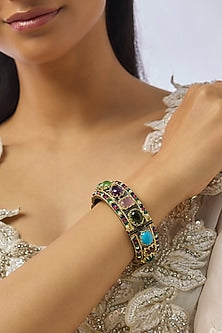Black Rhodium Finish Kundan Polki & Multi-Colored Stone Openable Bangle