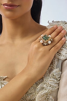 Gold Finish Emerald & Mother Of Pearl Ring