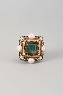 Gold Finish Emerald & Mother Of Pearl Ring