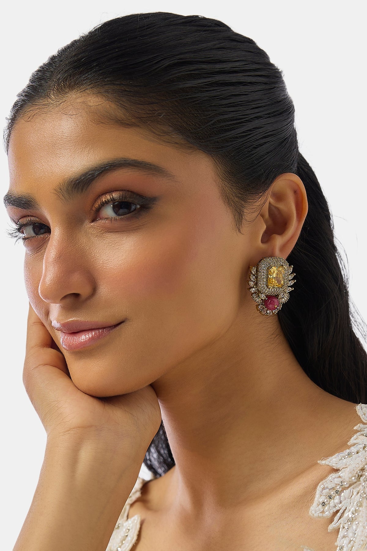 Gold Finish Zircon & Ruby Stone Stud Earrings