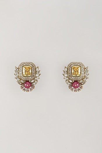 Gold Finish Zircon & Ruby Stone Stud Earrings