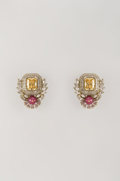 Gold Finish Zircon & Ruby Stone Stud Earrings