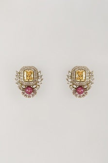Gold Finish Zircon & Ruby Stone Stud Earrings