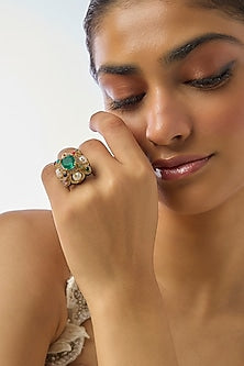 Gold Finish Emerald & Mother Of Pearl Ring