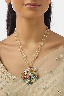 Gold Finish Kundan Polki & Multi-Colored Stone Long Necklace Set