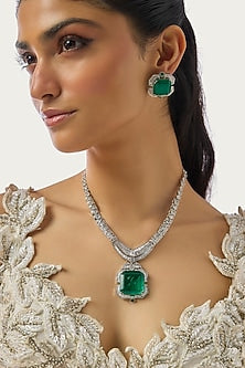 Silver Finish Emerald & Zircon Necklace Set