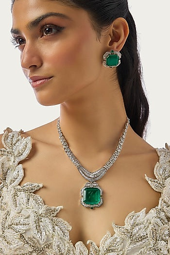Silver Finish Emerald & Zircon Necklace Set