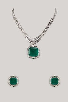Silver Finish Emerald & Zircon Necklace Set