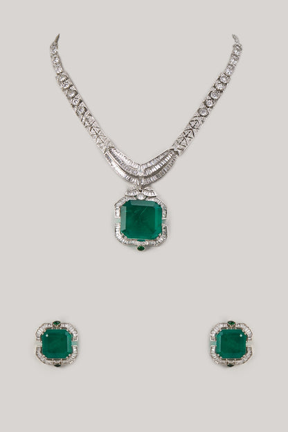 Silver Finish Emerald & Zircon Necklace Set