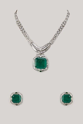 Silver Finish Emerald & Zircon Necklace Set