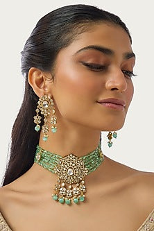 Gold Finish Kundan Polki & Pearl Choker Necklace Set