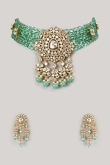 Gold Finish Kundan Polki & Pearl Choker Necklace Set