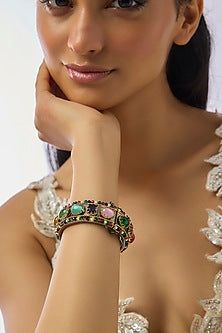 Black Rhodium Finish Kundan Polki & Multi-Colored Stone Bangle