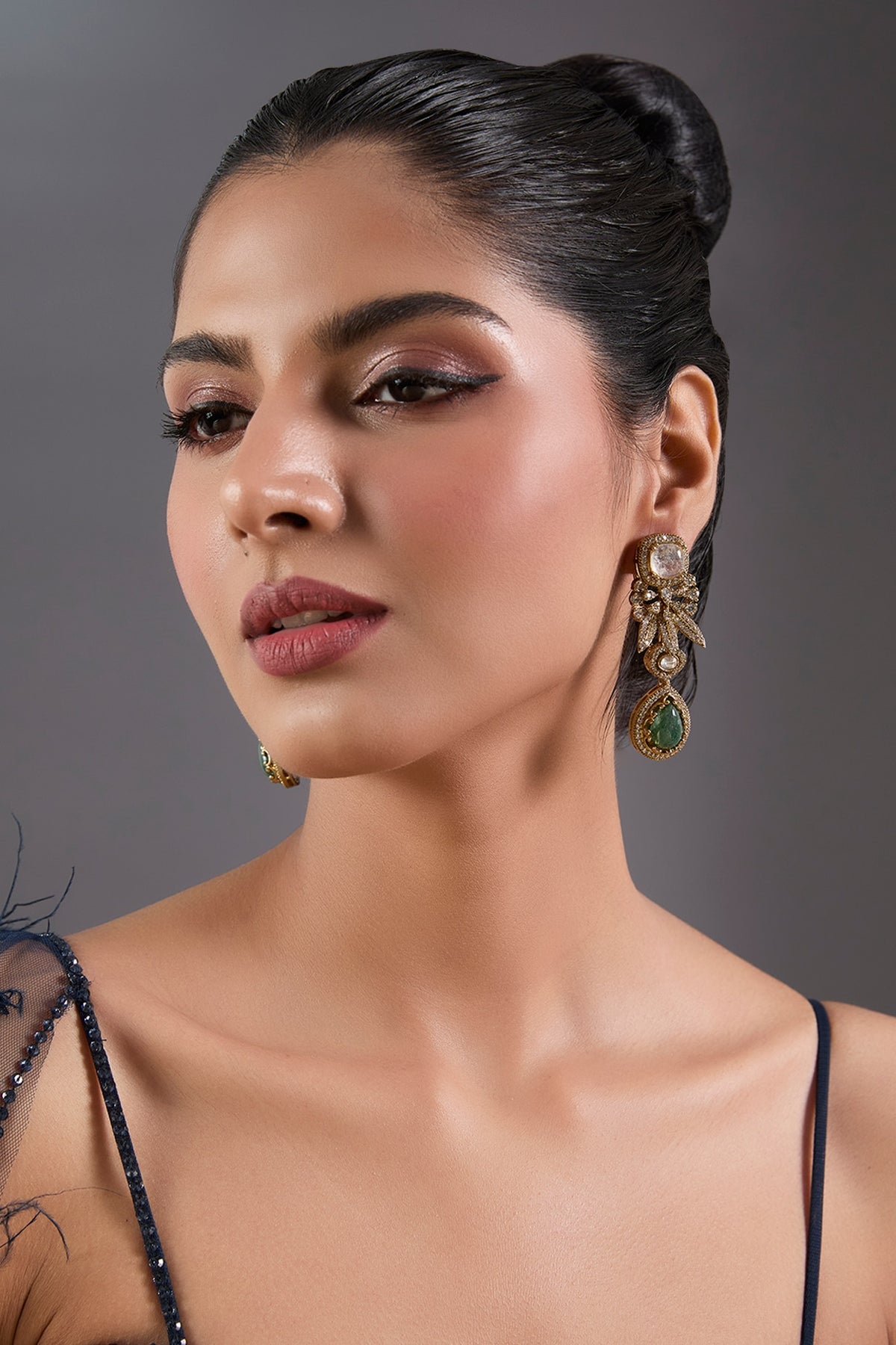 Gold Finish Zircon & Emerald Stone Dangler Earrings
