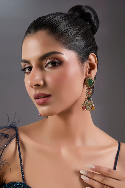 Gold Finish Zircon & Emerald Stone Dangler Earrings