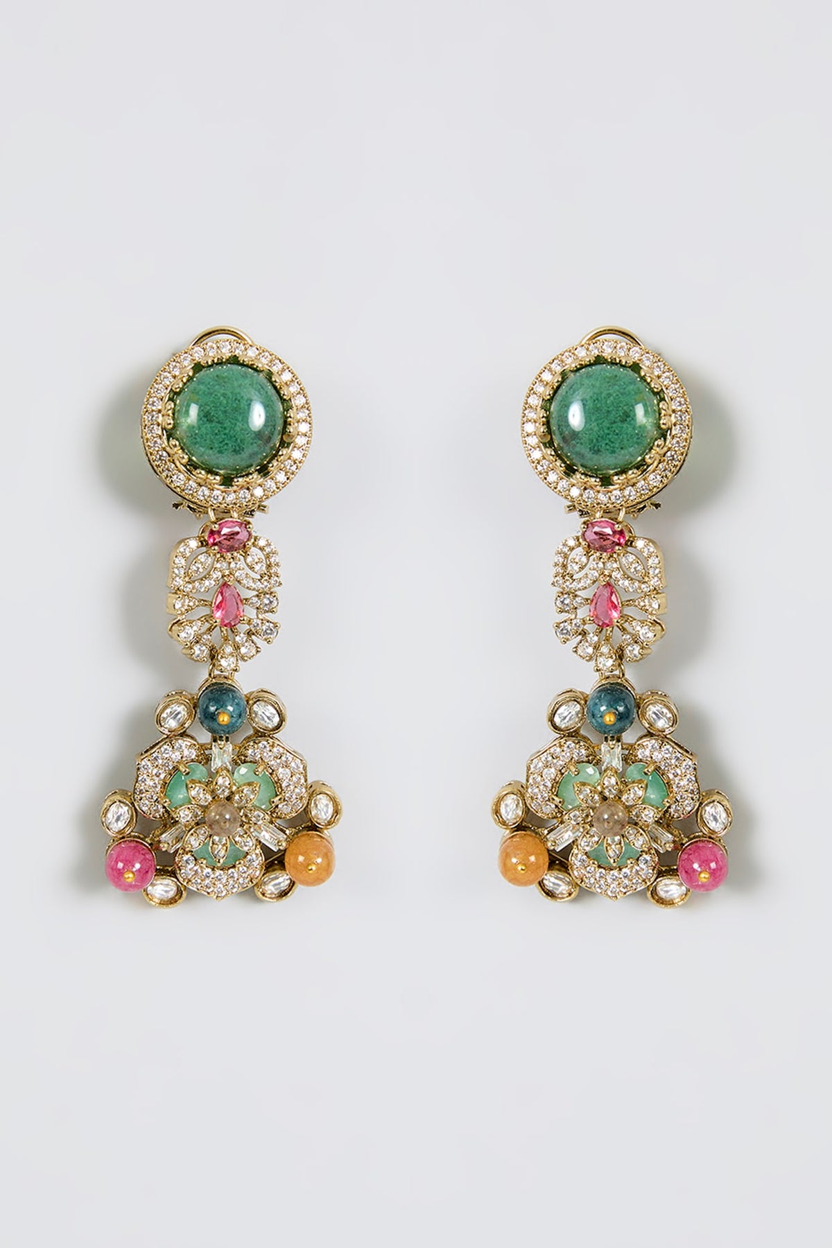 Gold Finish Zircon & Emerald Stone Dangler Earrings