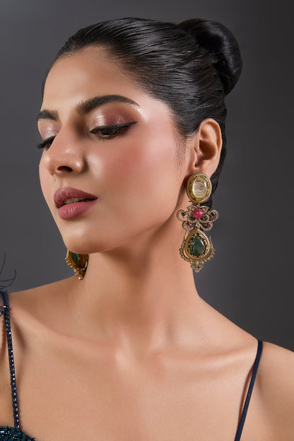 Gold Finish Zircon & Emerald Stone Dangler Earrings