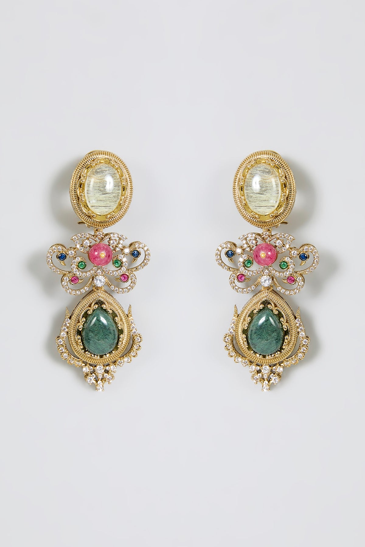 Gold Finish Zircon & Emerald Stone Dangler Earrings