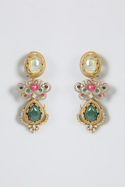 Gold Finish Zircon & Emerald Stone Dangler Earrings