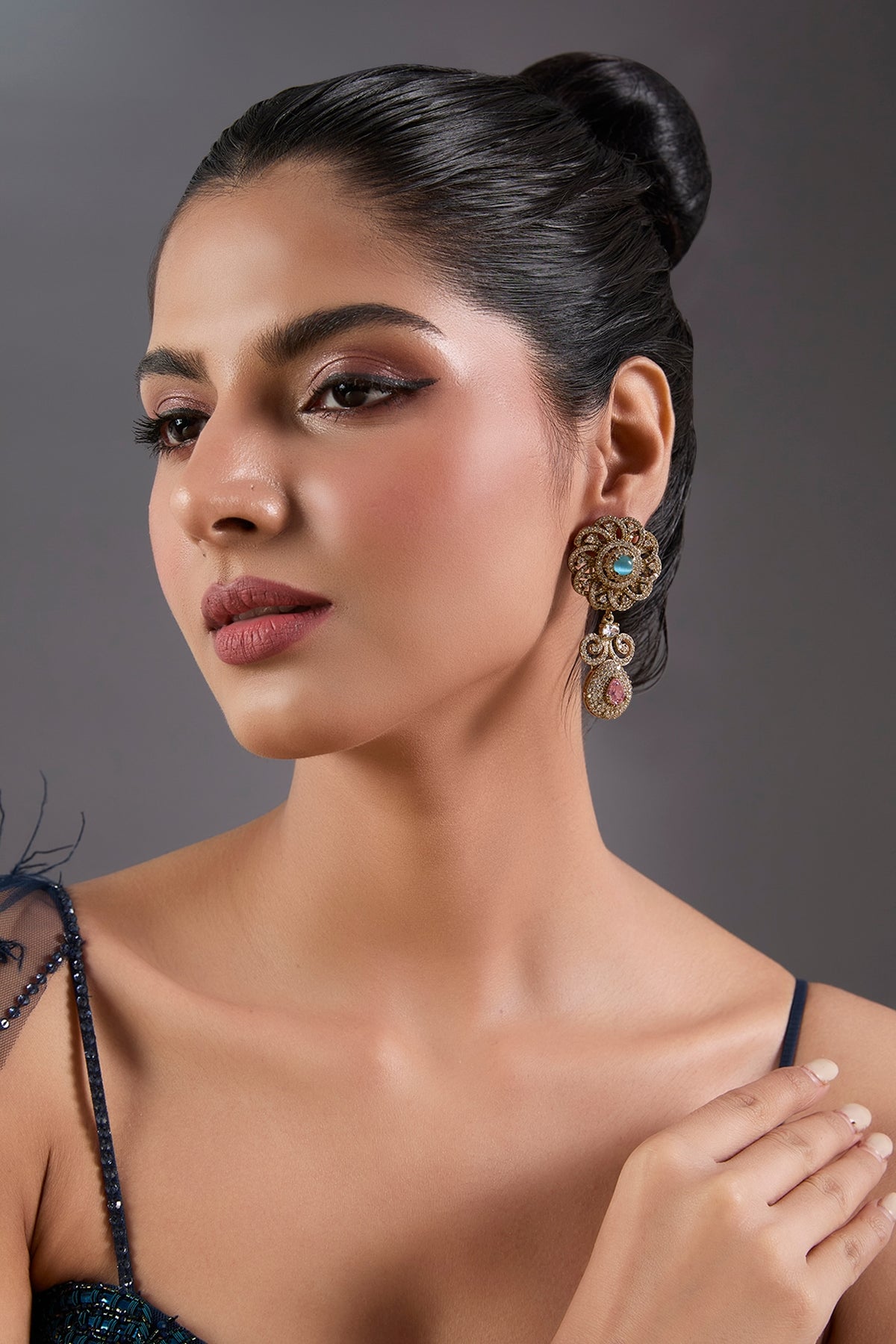Gold Finish Sapphire & Citrine Stone Dangler Earrings