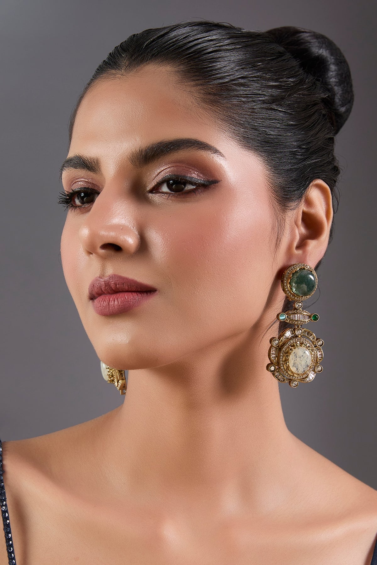 Gold Finish Zircon & Emerald Stone Dangler Earrings