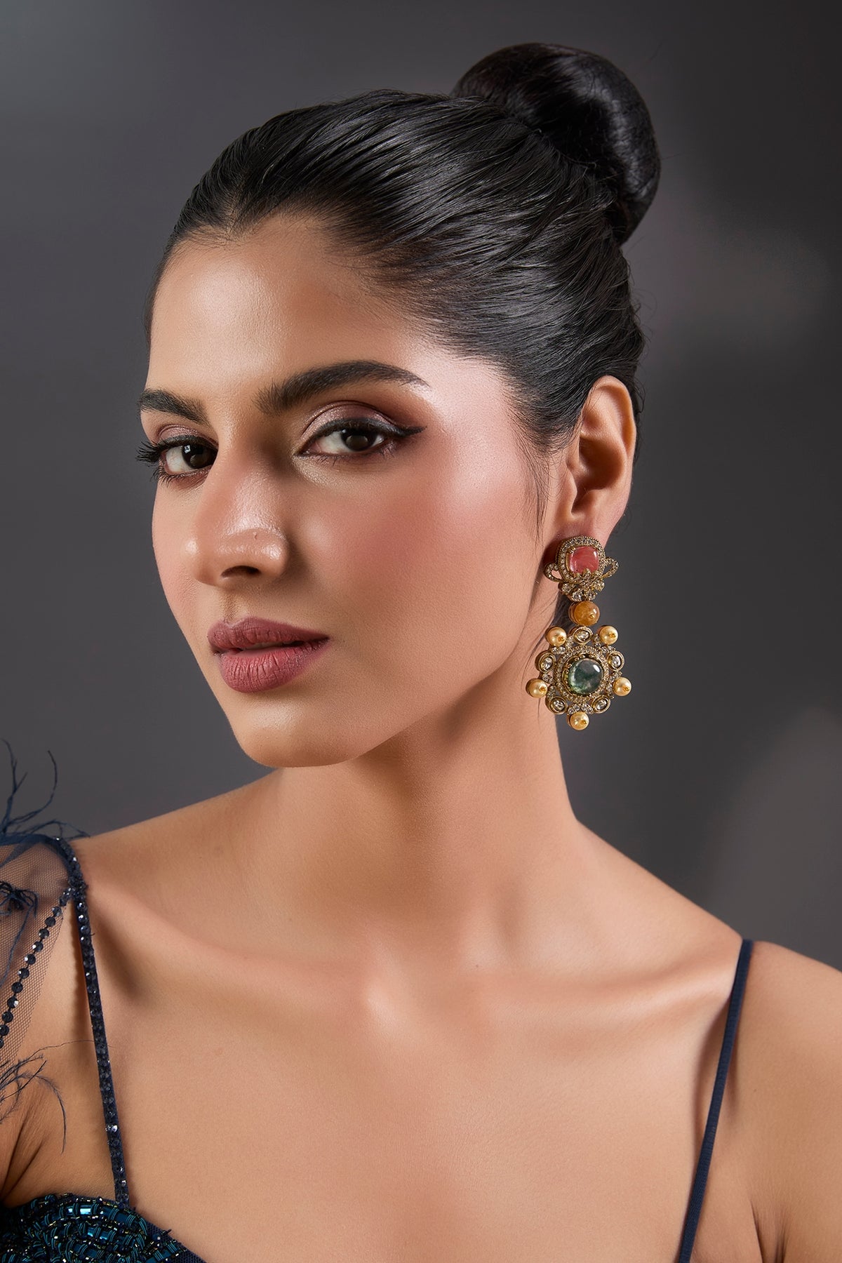 Gold Finish Opal & Emerald Stone Dangler Earrings
