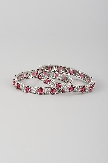 Silver Finish Zircon & Ruby Stone Bangles (Set Of 2)