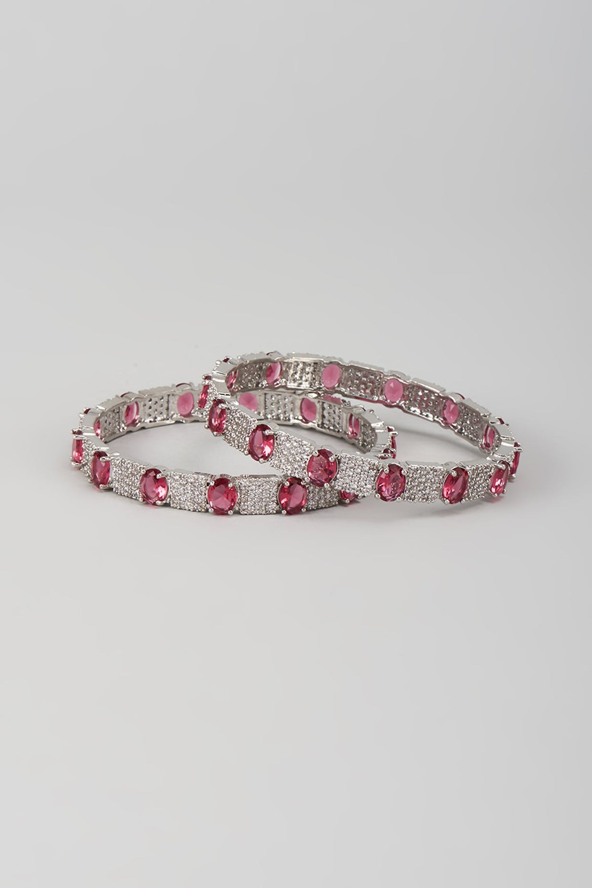 Silver Finish Zircon & Ruby Stone Bangles (Set Of 2)