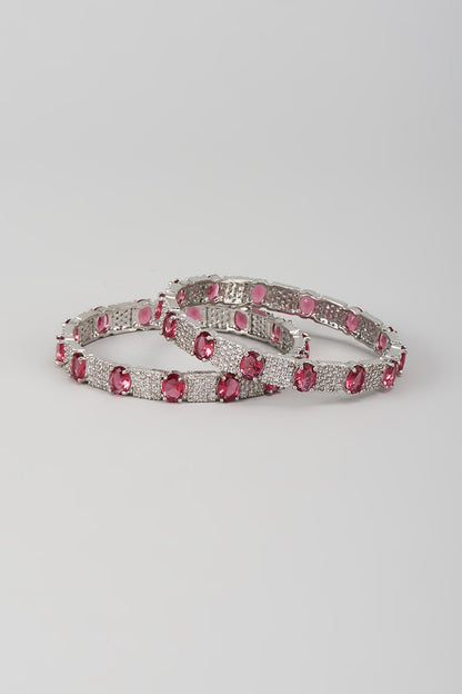 Silver Finish Zircon & Ruby Stone Bangles (Set Of 2)