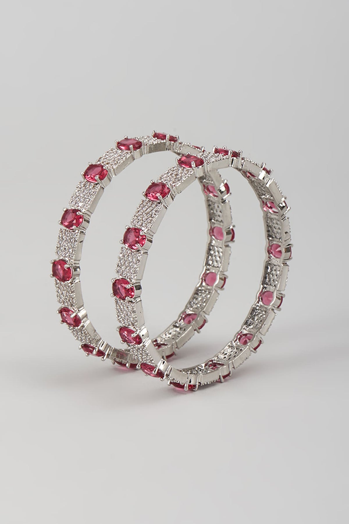Silver Finish Zircon & Ruby Stone Bangles (Set Of 2)