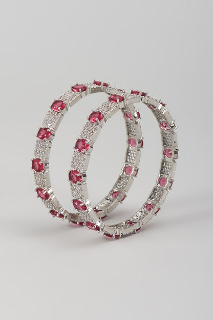 Silver Finish Zircon & Ruby Stone Bangles (Set Of 2)