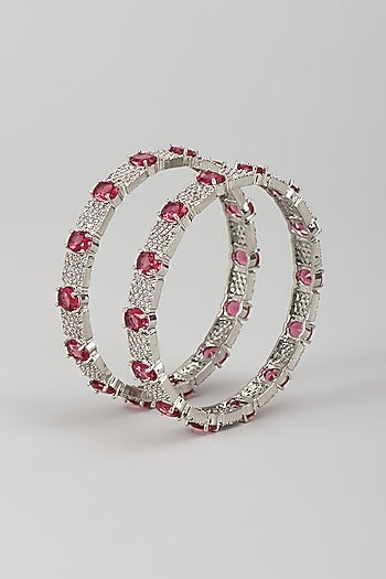 Silver Finish Zircon & Ruby Stone Bangles (Set Of 2)