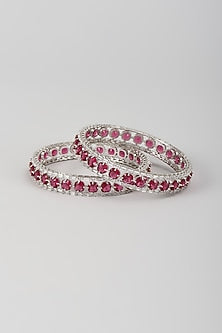 Silver Finish Zircon & Ruby Stone Bangles (Set Of 2)