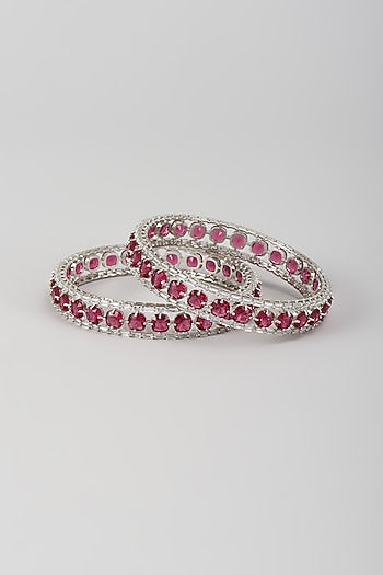 Silver Finish Zircon & Ruby Stone Bangles (Set Of 2)