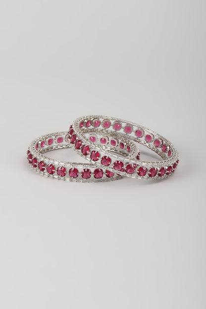 Silver Finish Zircon & Ruby Stone Bangles (Set Of 2)